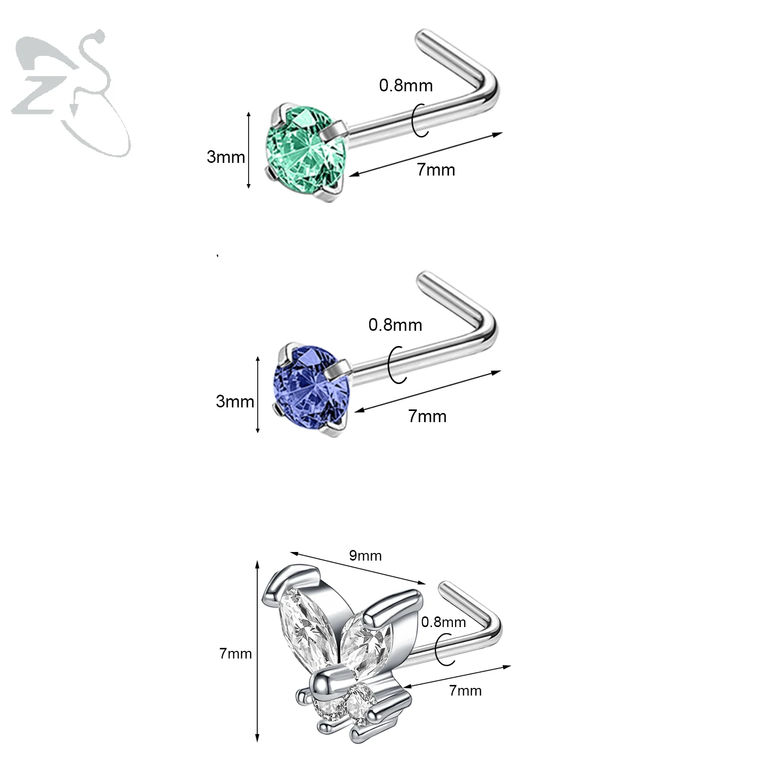 3pcs Stainless Steel Nose Stud Set with Crystals