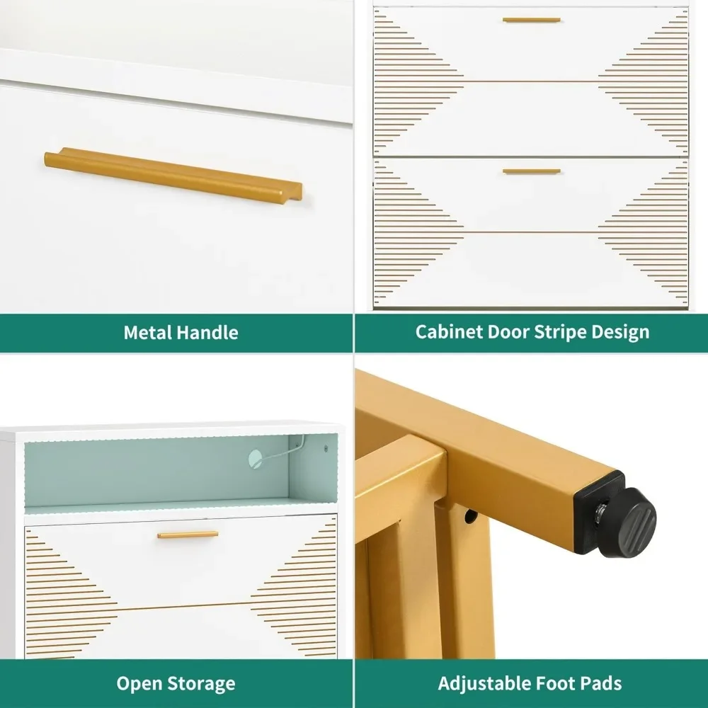 Shoe Cabinet,Modern Free Standing Tipping Bucket Rack Organizer with 2 Flip Drawers&LED Lights, Shoe Storage