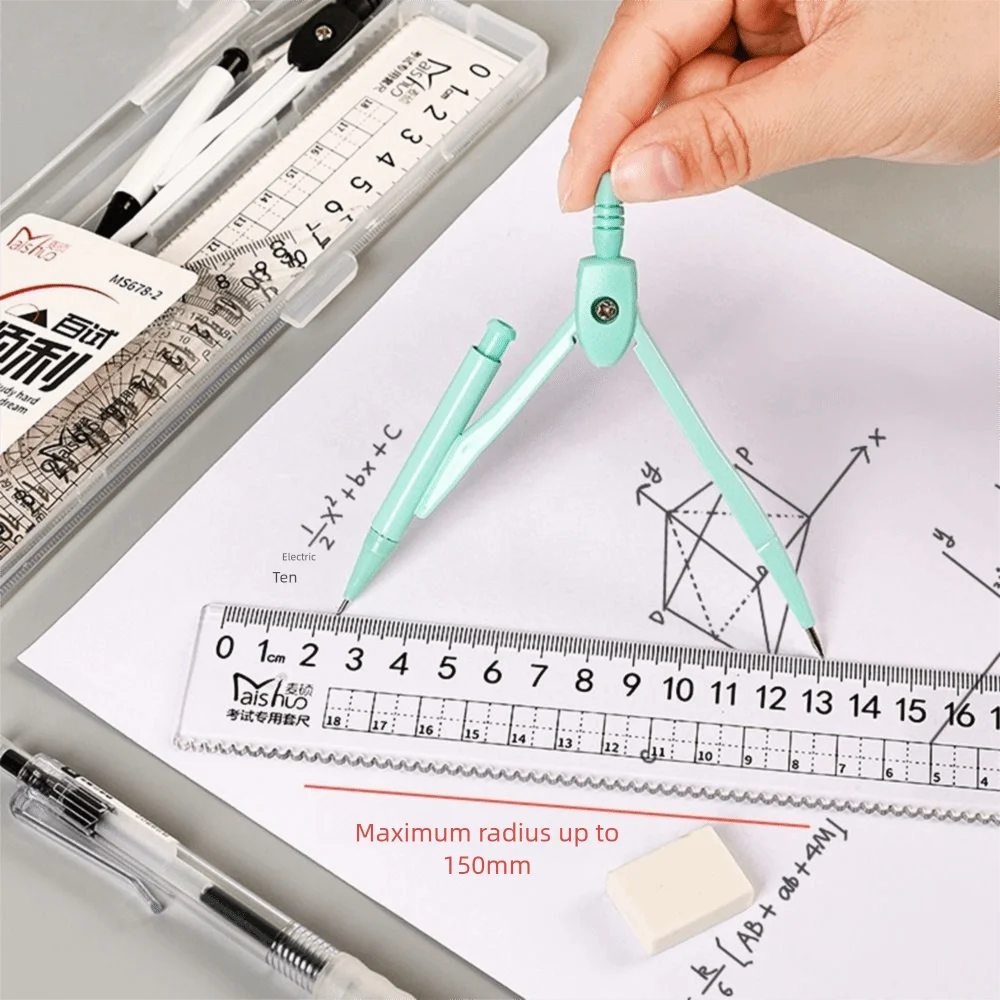 7PCS/Set Portable Plastic Ruler Compasses Set Eraser Transparent Protractor Straight Ruler Set Square Measuring Ruler Students