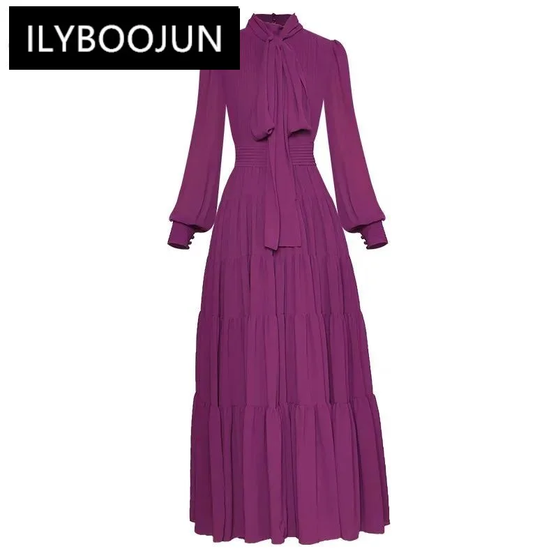 

Runway dress Women's Dress Bow Collar Long Lantern Sleeve Purple Pleated Party Dresses For Women 2024 Luxury Brand High Quality