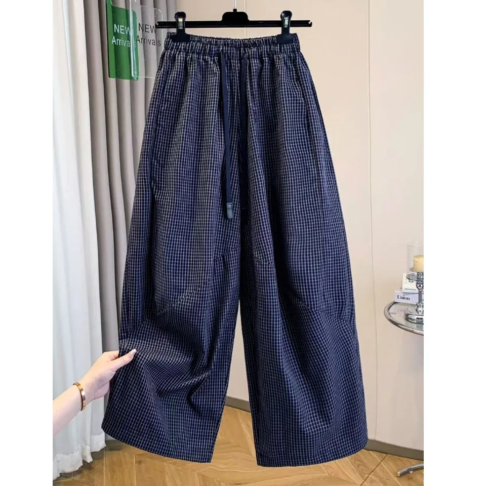 

Comfortable Wide Leg Pants Women's Summer Thin Cotton Casual Trousers Vintage Small Plaid Loose Fit Lazy Style Fashionable