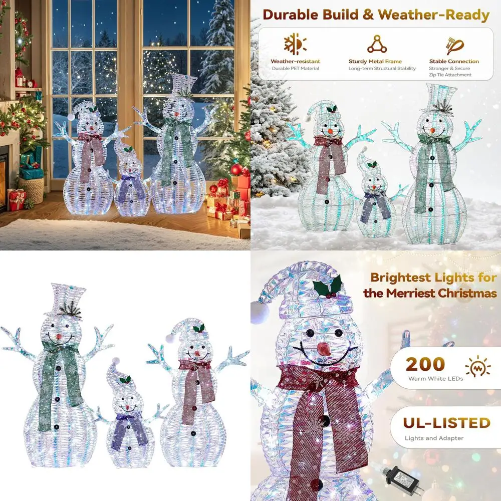 

43-Inch 3D Iridescent Pre-Lit Snowman Family Decoration with 200 LEDs, Suitable for Indoor and Outdoor Holiday Settings