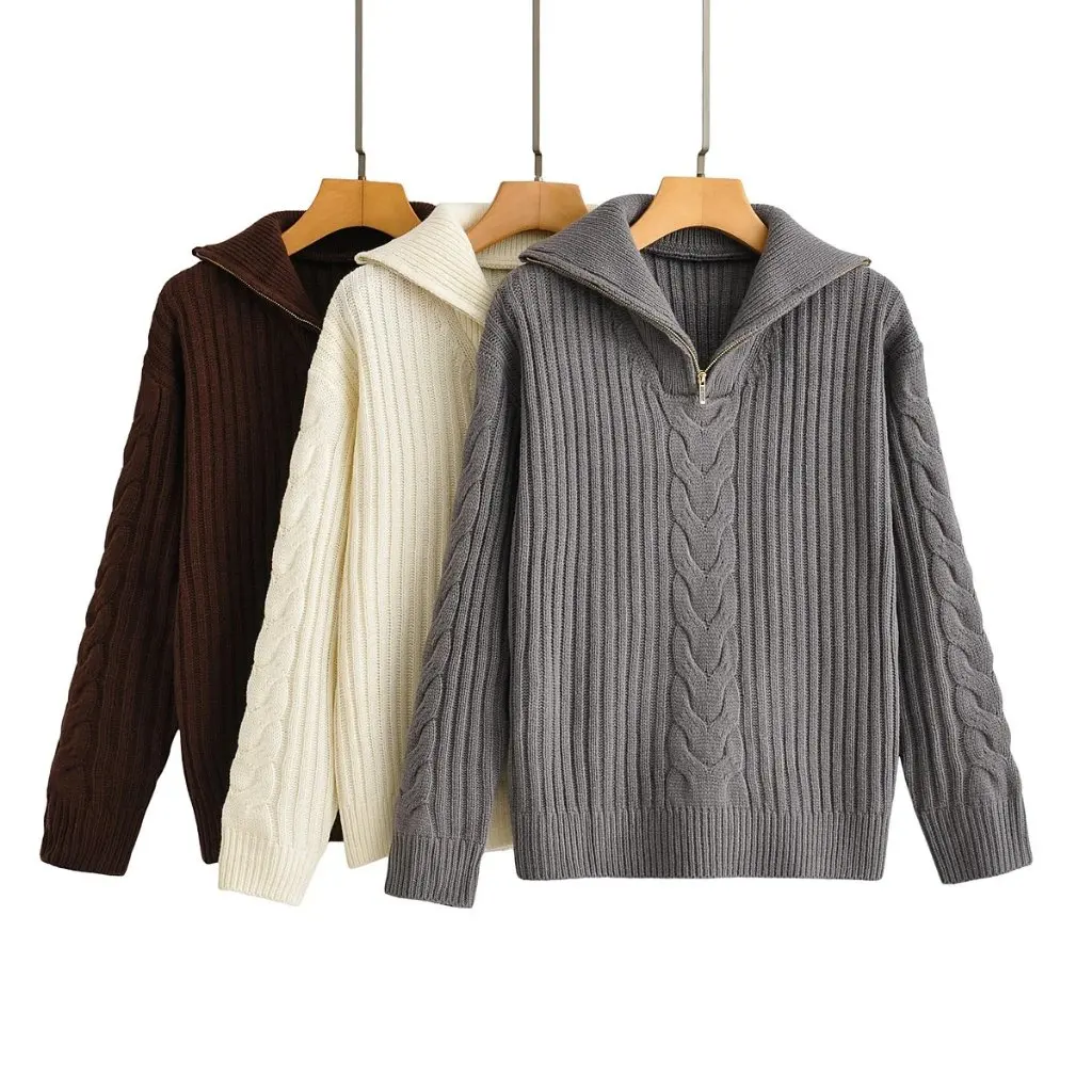 

Women's High Collar Half Zipper Twist Knitted Sweater Long Sleeve Casual Base Autumn Winter New