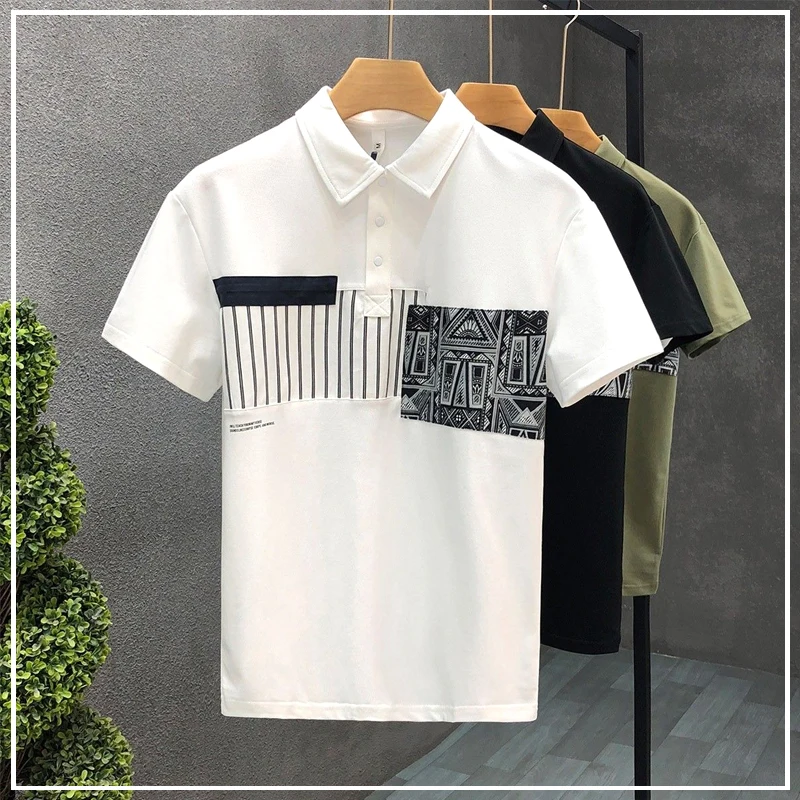 

2024 Summer Senior Color Blocking Trend Splicing Fashion Printing Totemgeometry Leisure Button Abstract Hipster Men's Polo Shirt