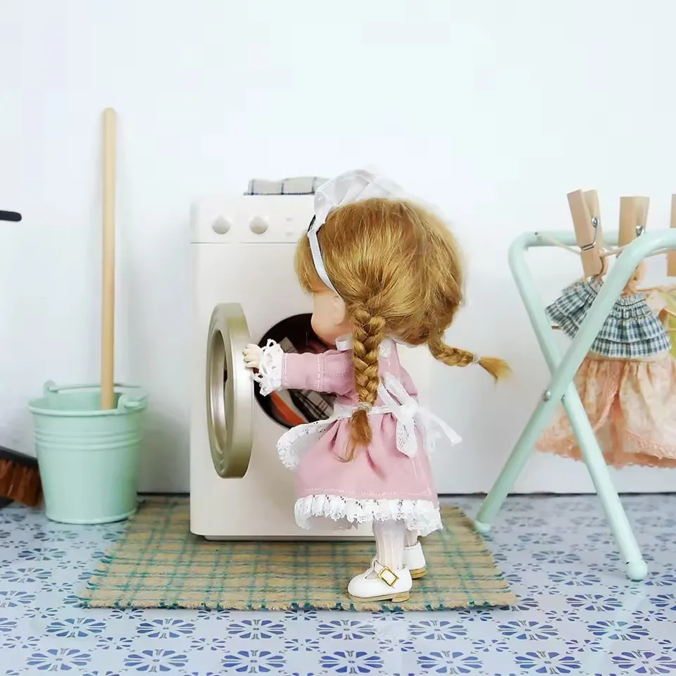 Aizulhomey Kim Loại Trống Máy Giặt 1/6 Chuột Nhà Búp Bê Đồ Nội Thất OB11 BJD Lol Blyth Búp Bê Phụ Kiện Nhà Bếp Xô Lau Nhà Đồ Chơi