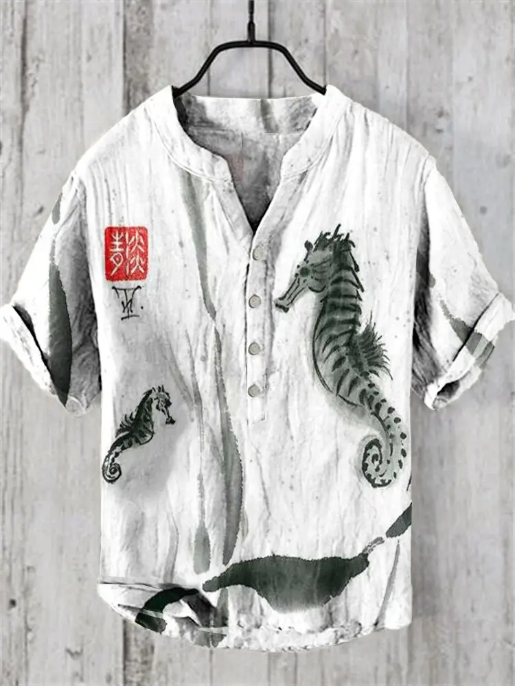 Camisa hawaiana de manga corta, camisa informal holgada con estampado artístico de peces pequeños, impresión digital 3D, 2024