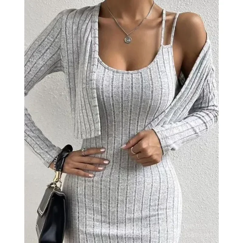 Tight Dress 2pcs Sets Outfits Sheath Dress Sets Trend Long Sleeve Cardigan Tops Women Long Sleeve Sling Grey Tops Bodycon Dress