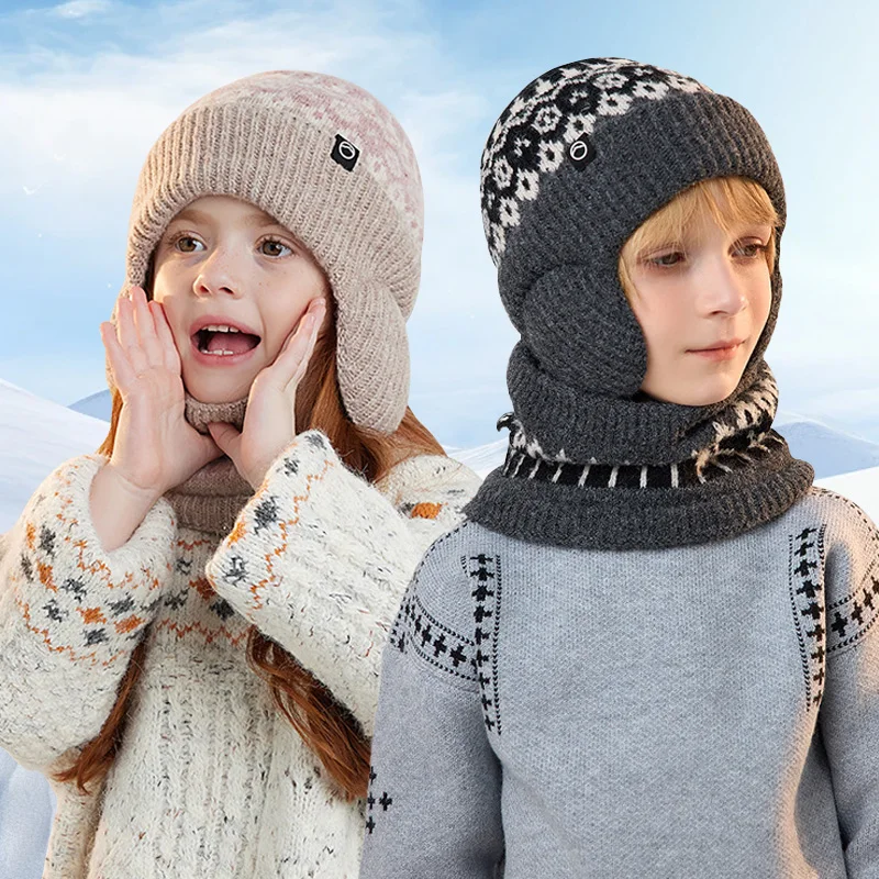 

2Pcs Winter Kids Knitted Hat Scarf Set 2025 New Children Beanie Hats Neck Warmer Fleece Lining Skiing Child Girl Boy Cap 4-10Y