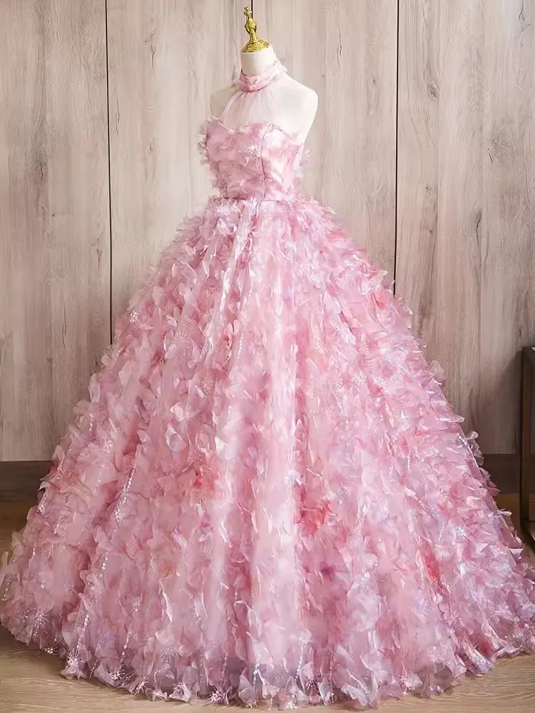 Real Picture Pink Sweet 15 Girl Birthday Party Dress Halter Flower Lace Up Women Formal Special Occasion Dress Prom Gown 2025