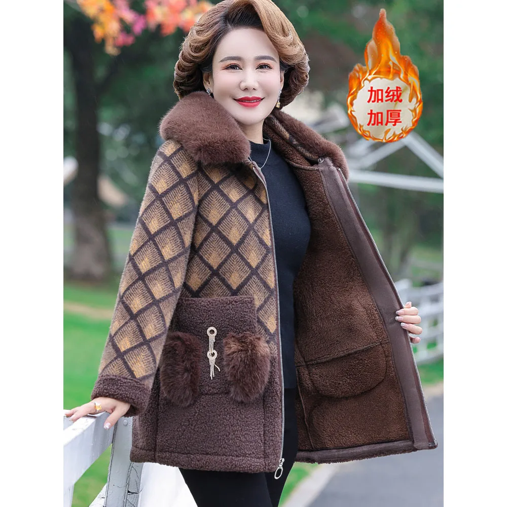 High-quality Wool Jacket Middle-aged Mother Faux Mink Fur Coat Granular Velvet Spliced Cotton Padded Parkas Thick Plaid Overcoat