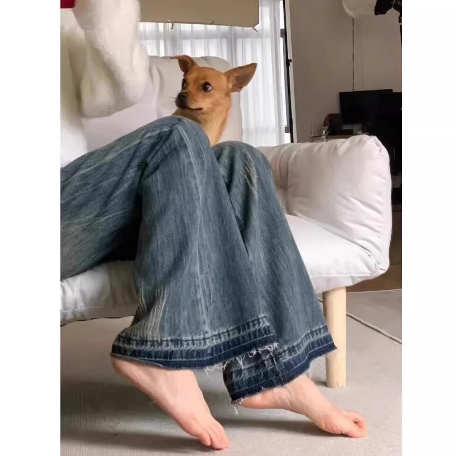 High Waist Bell Bottom Denim Jeans Women's Patchwork Loose Drapey Slimming Frayed Floor-Length Pants Autumn Fashion