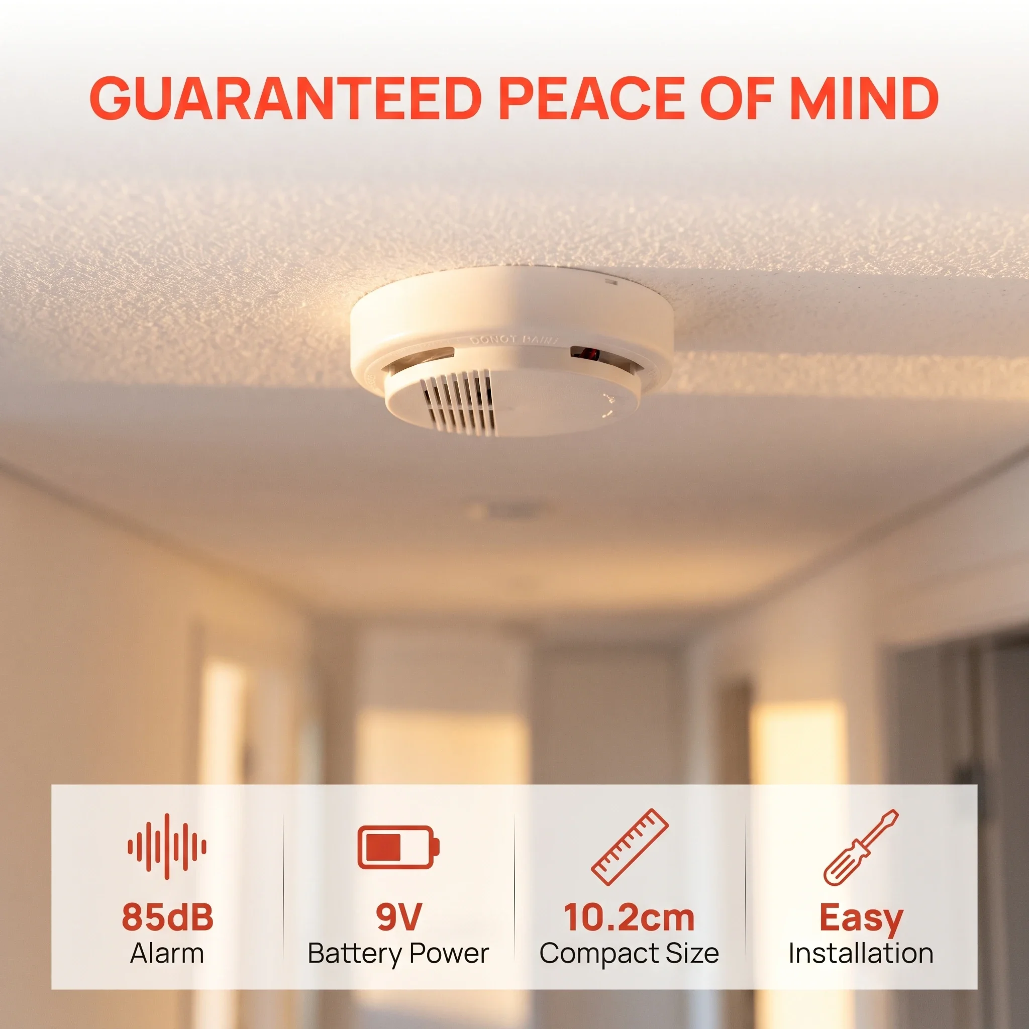 Smoke Alarm Fire Detector with 85dB Loud Alarm High Quality Material for Home Office Safety Protection 9V Battery Powered