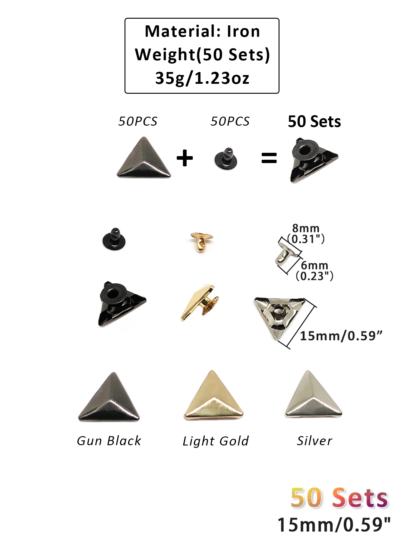 50Sets Metal Triangle Shape Decoration Stud Rivets for Belt Clothes Bag Purse Handbag Leather Craft DIY Triangular Embellishment