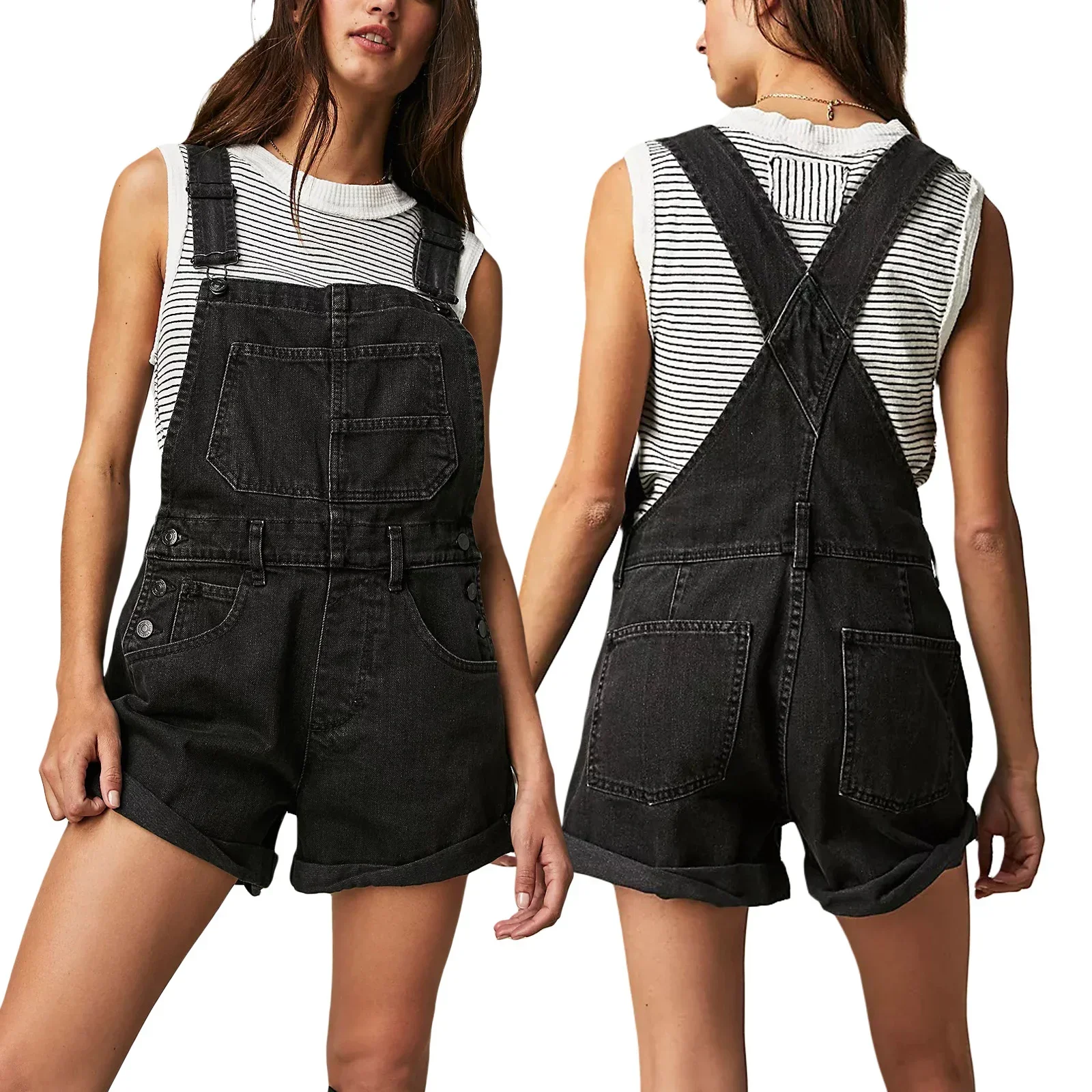 Women's Y2K Vintage Retro Denim Bib Overalls Adjustable Straps Pocket Romper Shorts Casual Rolled Cuff Shortalls