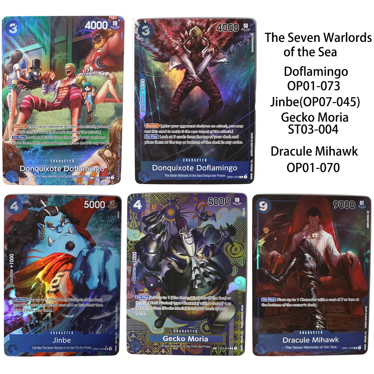

5Pcs/Set ONE PIECE Game Cards, The Seven Warlords of the Sea, Frosted Laser cards Blue Core OPCG Used For game card collection.