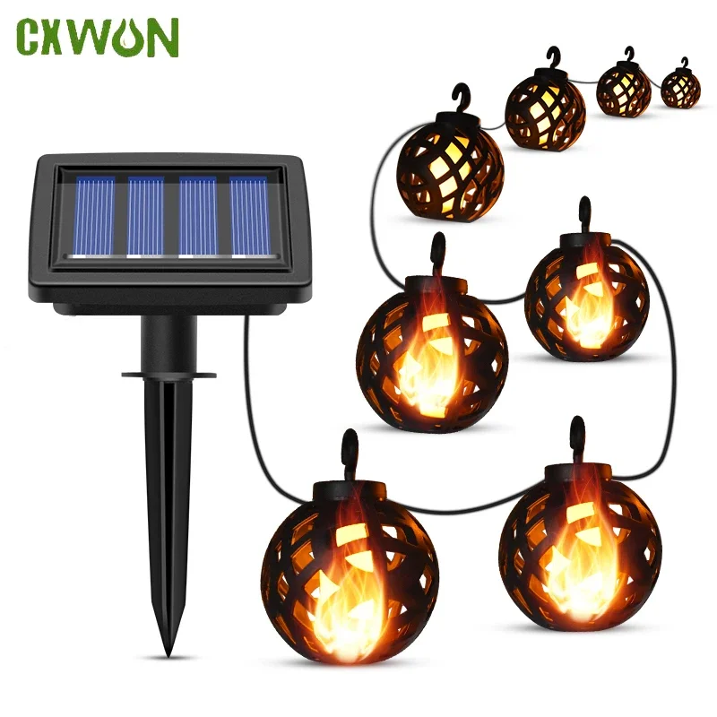 Luzes de natal com painel solar, à prova d'água, chama cintilante, suspensa, lâmpada solar de jardim para pátio, quintal, decoração de halloween