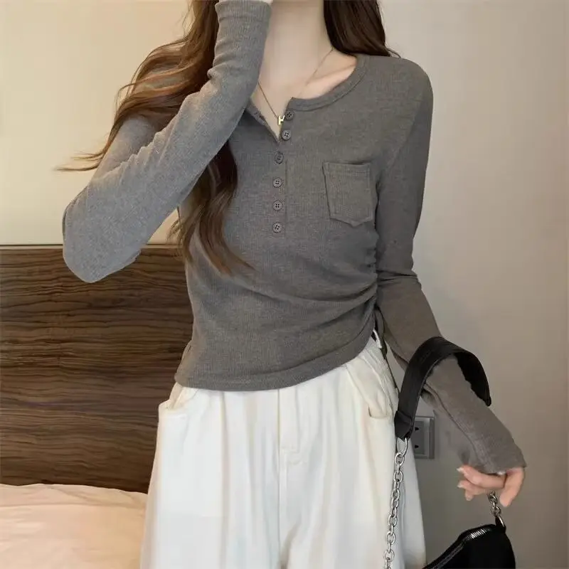 Slim Fit Long Sleeve round Neck T-Shirt Drawstring Waist Shoulder Width Regular Cotton Blend Autumn Top Women's Fashion