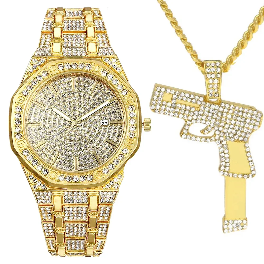 

Iced Out Watch with Necklace for Men Luxury Diamond Gold Watch Men Bling Hip Hop Handgun Shooter Pendant Chains Fashion Jewelry