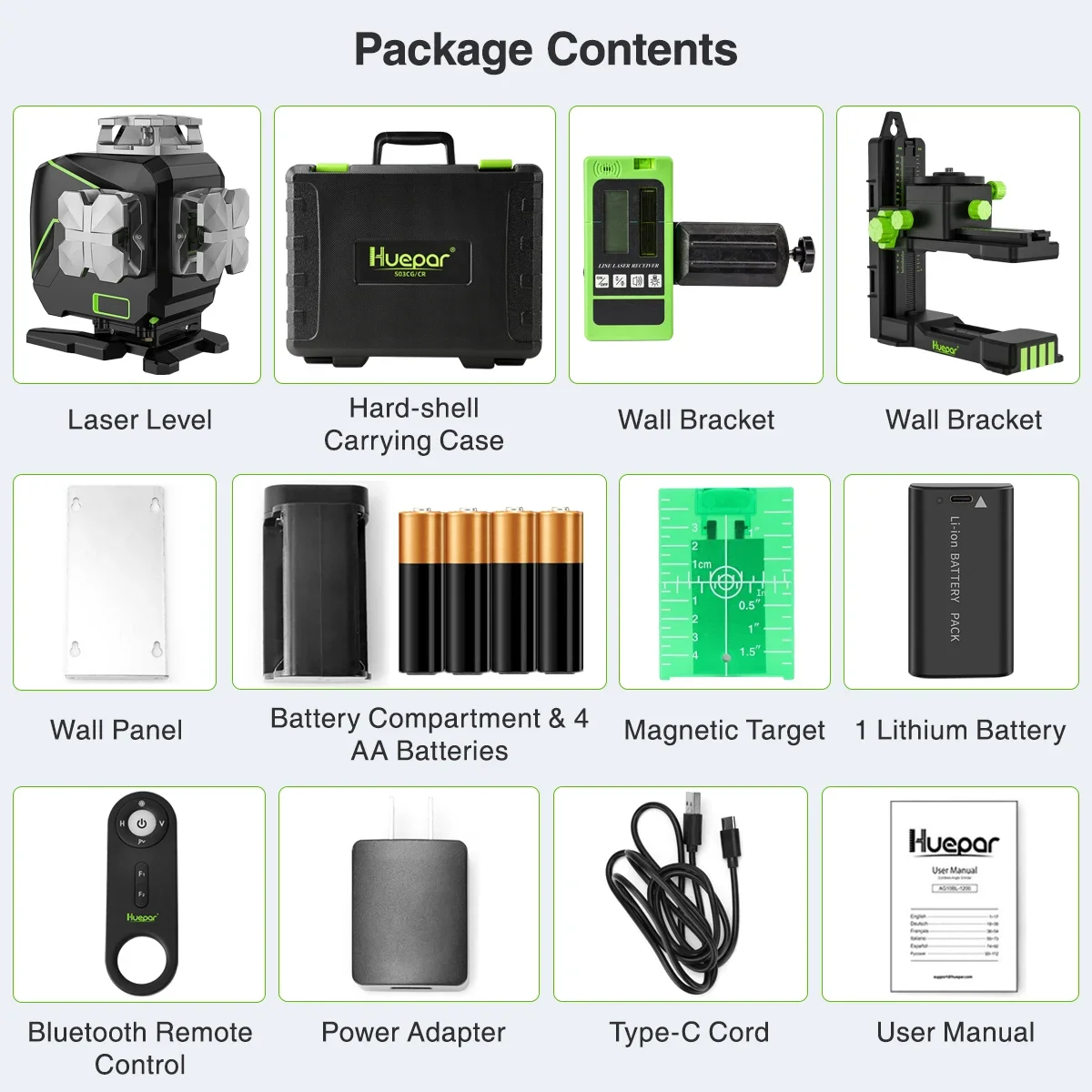 Laser Level Huepar S04CG-5RG 4D Green Cross Line 16, with Accessories and Hard Shell Tool Kit, Suitable for Construction Sites