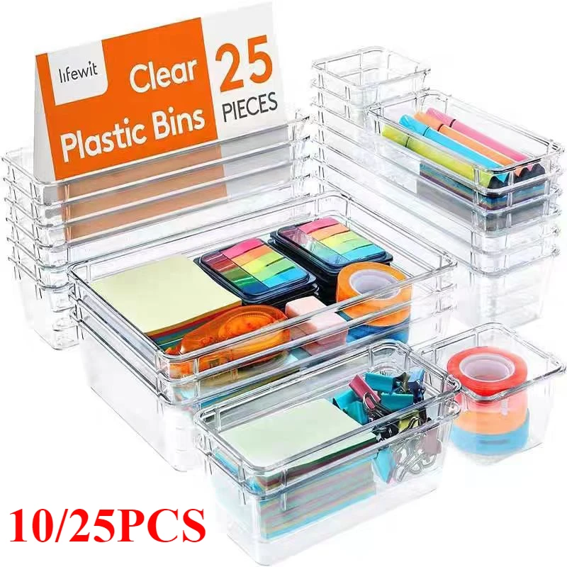 

Clear Plastic Drawer Organizers Desk Dividers Bins Home Dresser Office Kitchen Drawer Separator Makeup Jewelry Organization