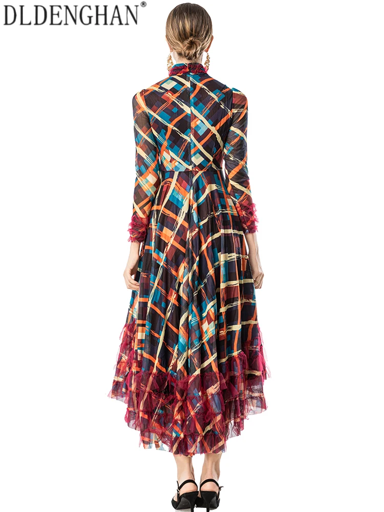 DLDENGHAN المرأة منقوشة طباعة الوقوف طوق فستان بكم طويل الكشكشة أنيقة فستان حفلة الخريف المألوف الإناث فستان طويل #6
