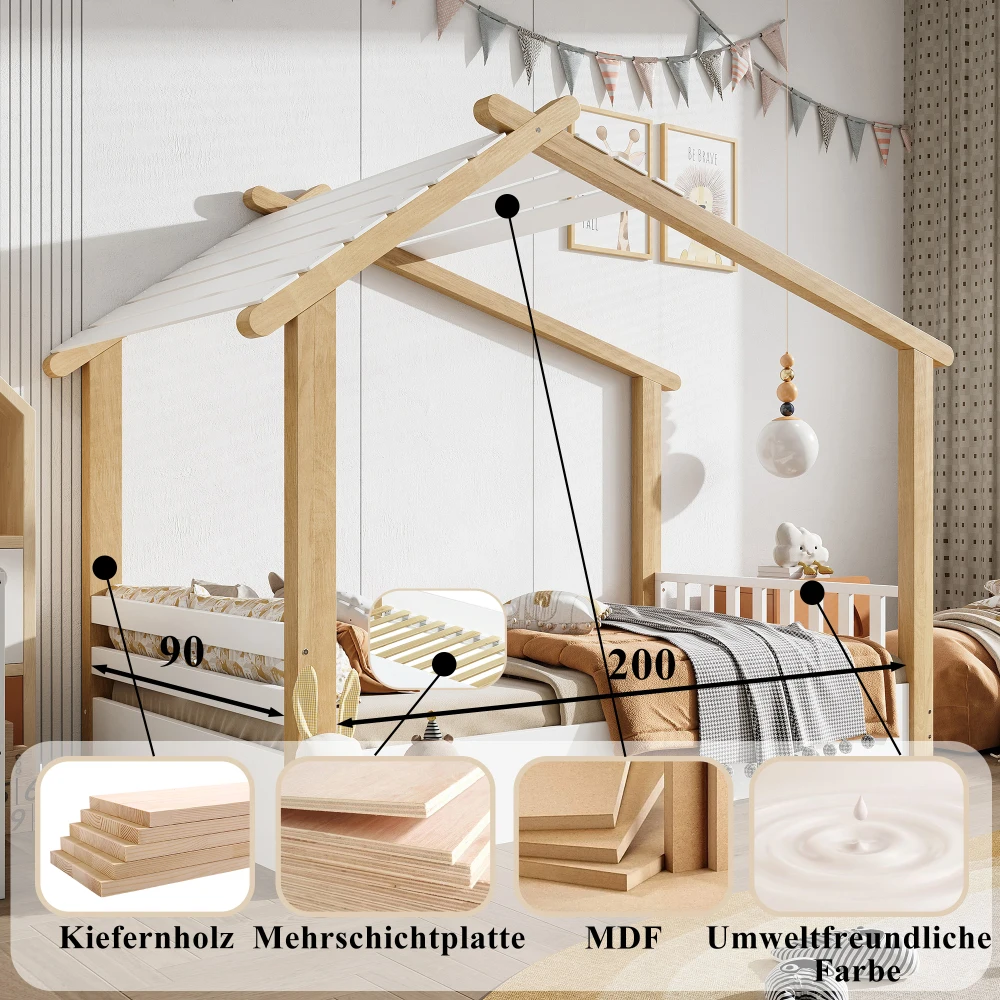 PINGGO Weißes Naturholz-Einzelbett 90x200cm Hausdesign Lattenrost Kiefer+Spanplatte+MDF Ohne Matratze – Detail 9