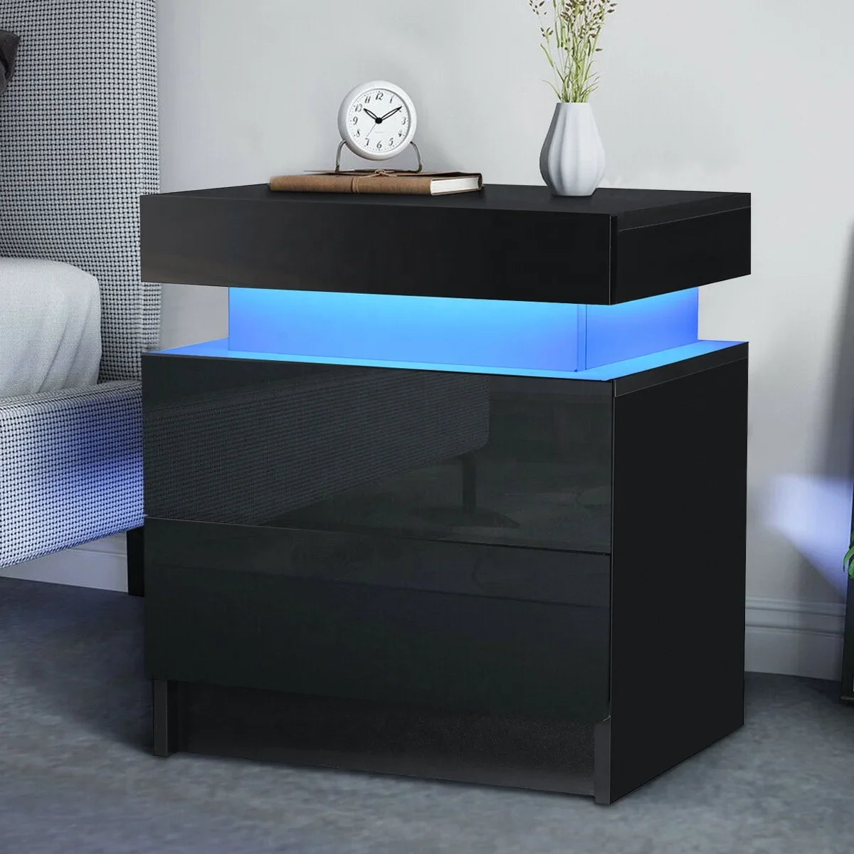 

NOVA 2 Drawers Flip Cover Storage LED Light Smart Bedside Table High Gloss Nightstand For Bedroom Mesita De Noche Inteligente