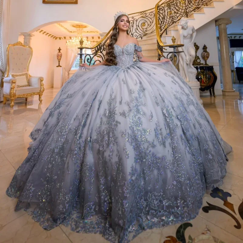 

Темно-синее блестящее платье Quinceanera, бальное платье с открытыми плечами, аппликация с блестками и бисером, тюль с кристаллами, вечерние, день рождения, сладкое 16-летнее платье