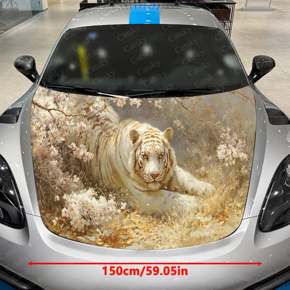 Golden Cherry White Tiger Car Vinyl Wrap, PVC Material Waterproof Car Hood Sticker, Self-Adhesive Scratch-Resistant Stickers for