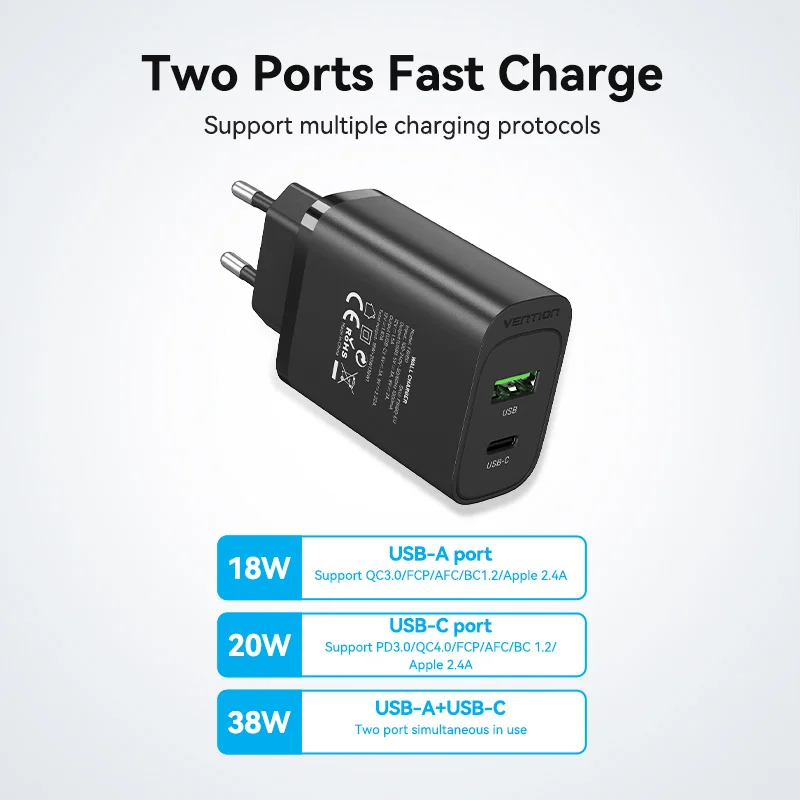 Vention 38W Fast USB Charger Type C PD Fast Charging for iPhone 13 11 USB Quick Charge with QC 4.0 3.0 USB Portable Phone Charge