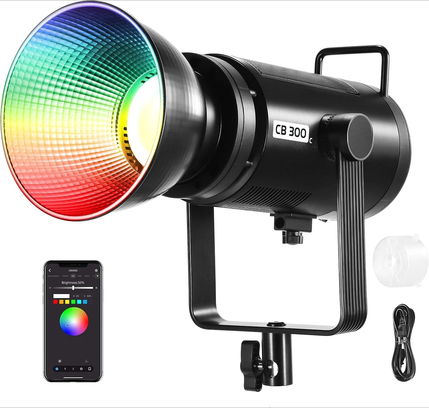 CB 300C RGB LEDビデオライト（リフレクター付き）、300W、APP/2.4G制御、17種類のシーン、29600Lux/1m、2500-7500K、CRI97+/工場直販