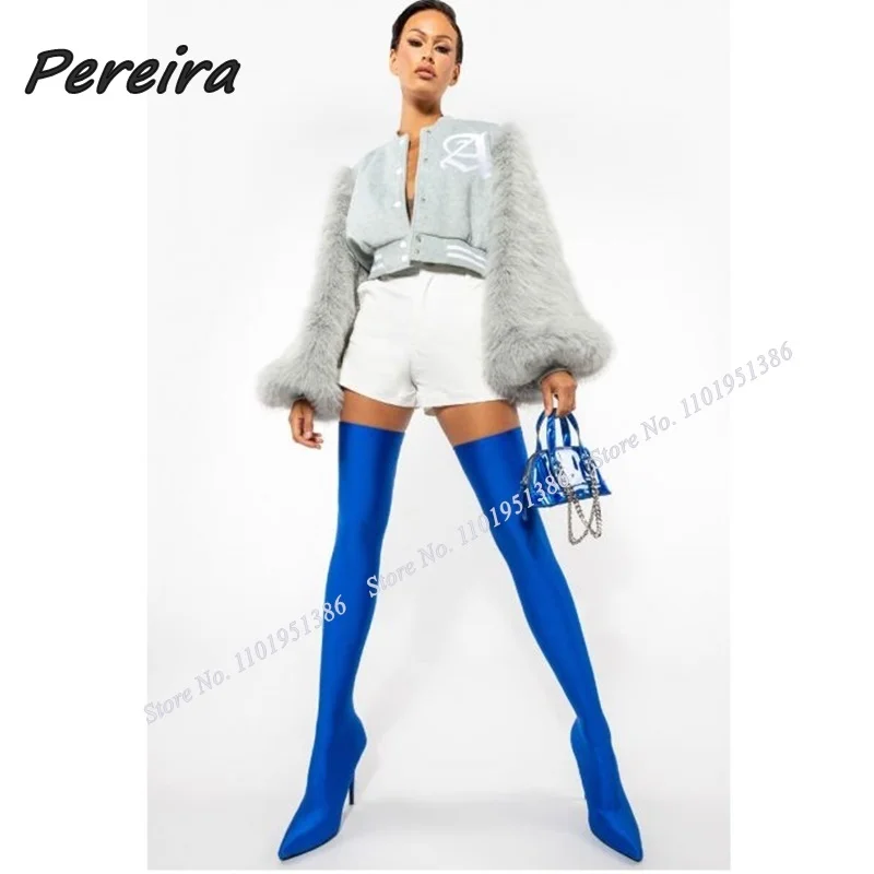 

Pereira New Thigh High Blue Boots Elastic Band Over the Knee Patchwork Pointed Toe Shoes for Women High Heels Zapatillas Mujer