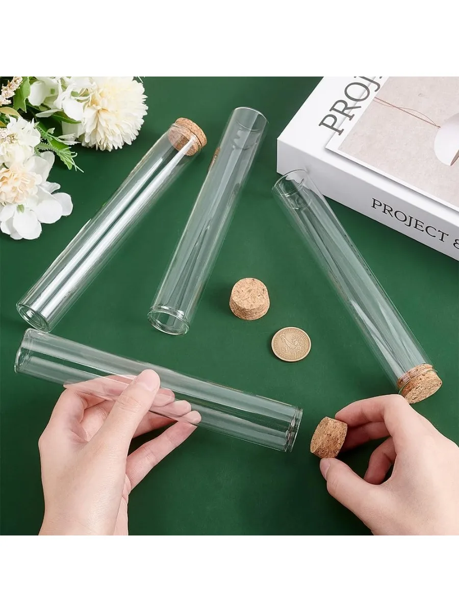 10Pcs 100ml Glass Test Tube with Cork Stopper Clear Flat Mini Glass Bottles Jars for Party Favors Candy Spices Beads