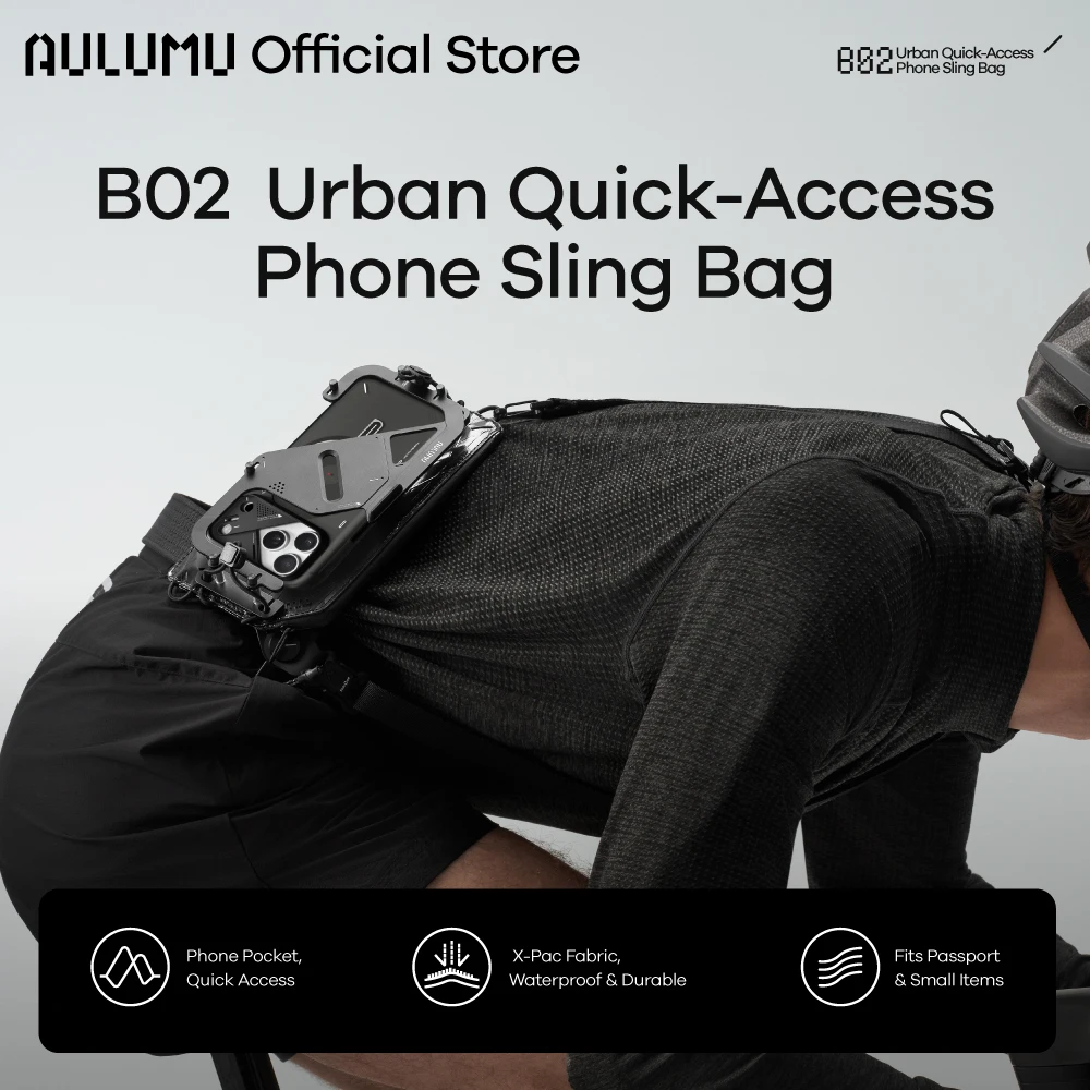 Aulumu B02 Men's Crossbody Phone Bag with Metal Compartment 0.3L Black Original Design  Water-resistant  Bag Magnetic Buckle