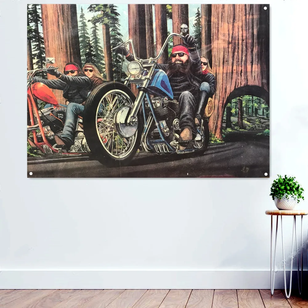 Motorcycle rider and girlfriend Banner Wall Hanging Flag Locomotive Poster and Prints Tapestry Wall Decor Painting Gifts for Men