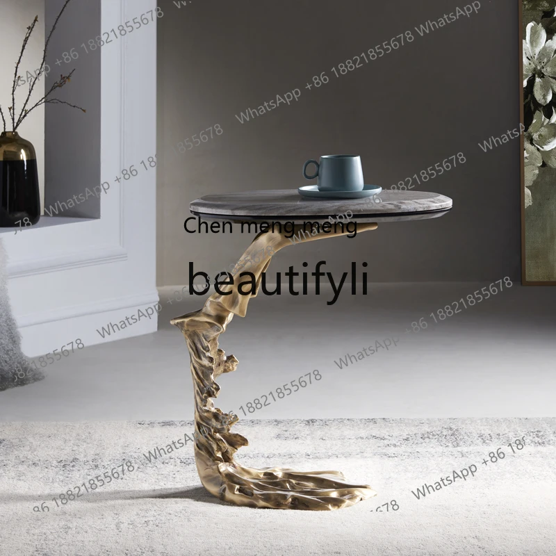 

Light Luxury Art Modern Marble Side Pure Copper Corner Table Small Apartment Coffee Table Model Room