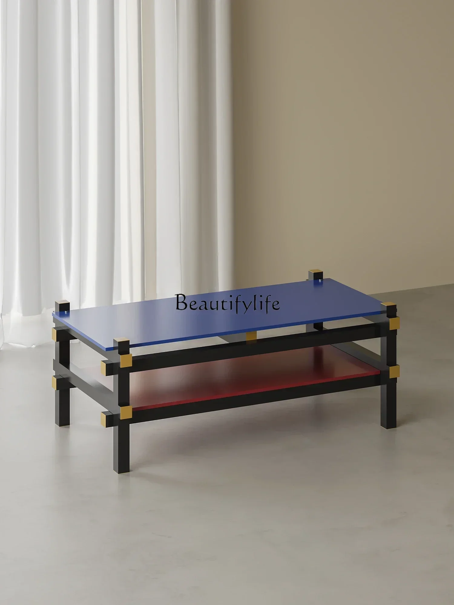 طاولة قهوة هندسية باللونين الأصفر والأزرق، طاولة شاي بلون رف بسيط #3