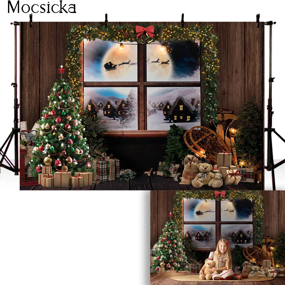 Mocsicka Merry Christmas Backdrop Fireplace Brick Xmas Tree Background Photographic Kid Family Photobooth Props Studio Photocall