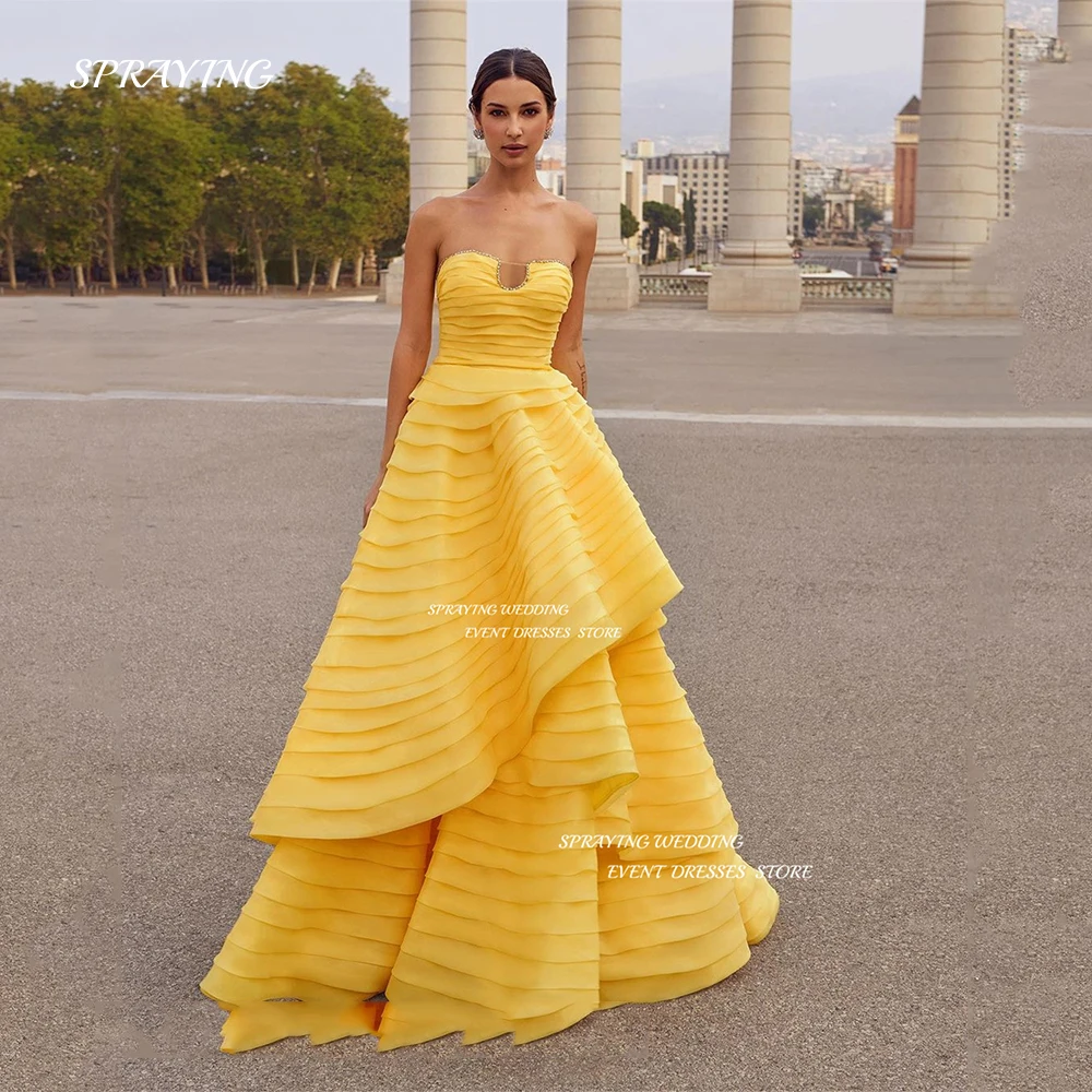 SPRAYING Elegant Yellow Tiered Ruffles Wedding Party Dress Strapless A Line Prom Gown Sleeveless Formal Occasion Dresses