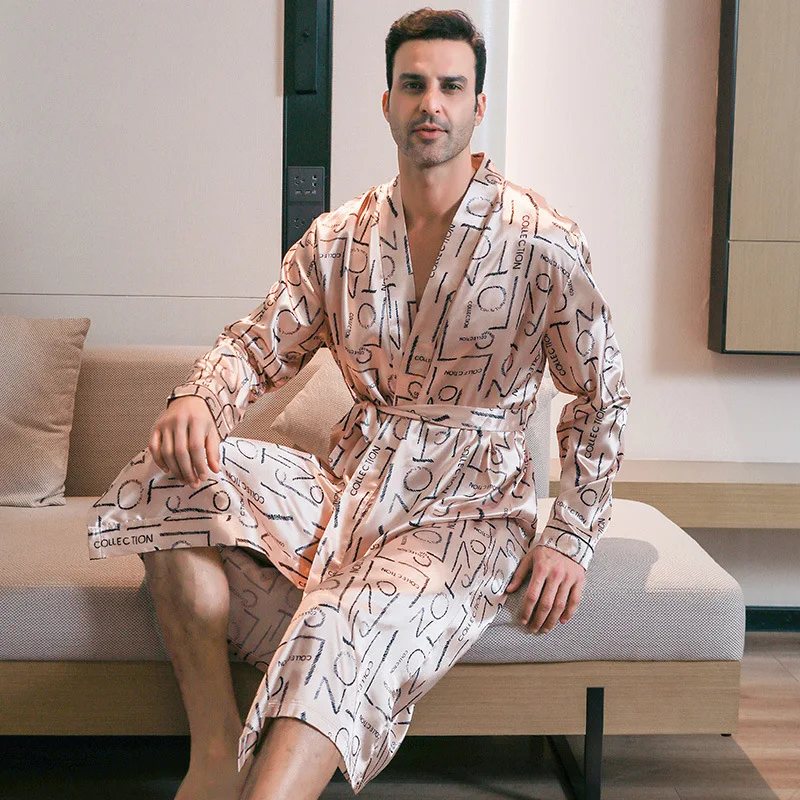 Men Sleepwear Ice Silk Bathrobe Kimono Intimate Lingerie Male Summer Spring Home Clothes Loose Nightgown Print Sleepwear