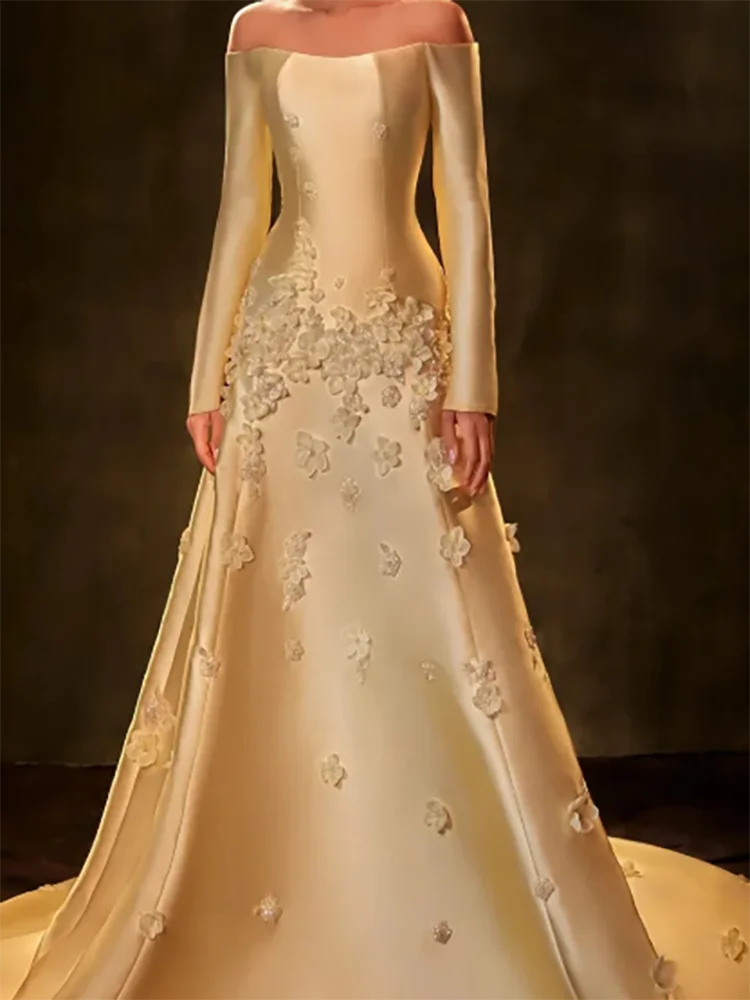 高級サテンオフショルダーアップリケ A ラインフォーマルイブニングドレス誕生日パーティーウエディングドレスカスタマイズ