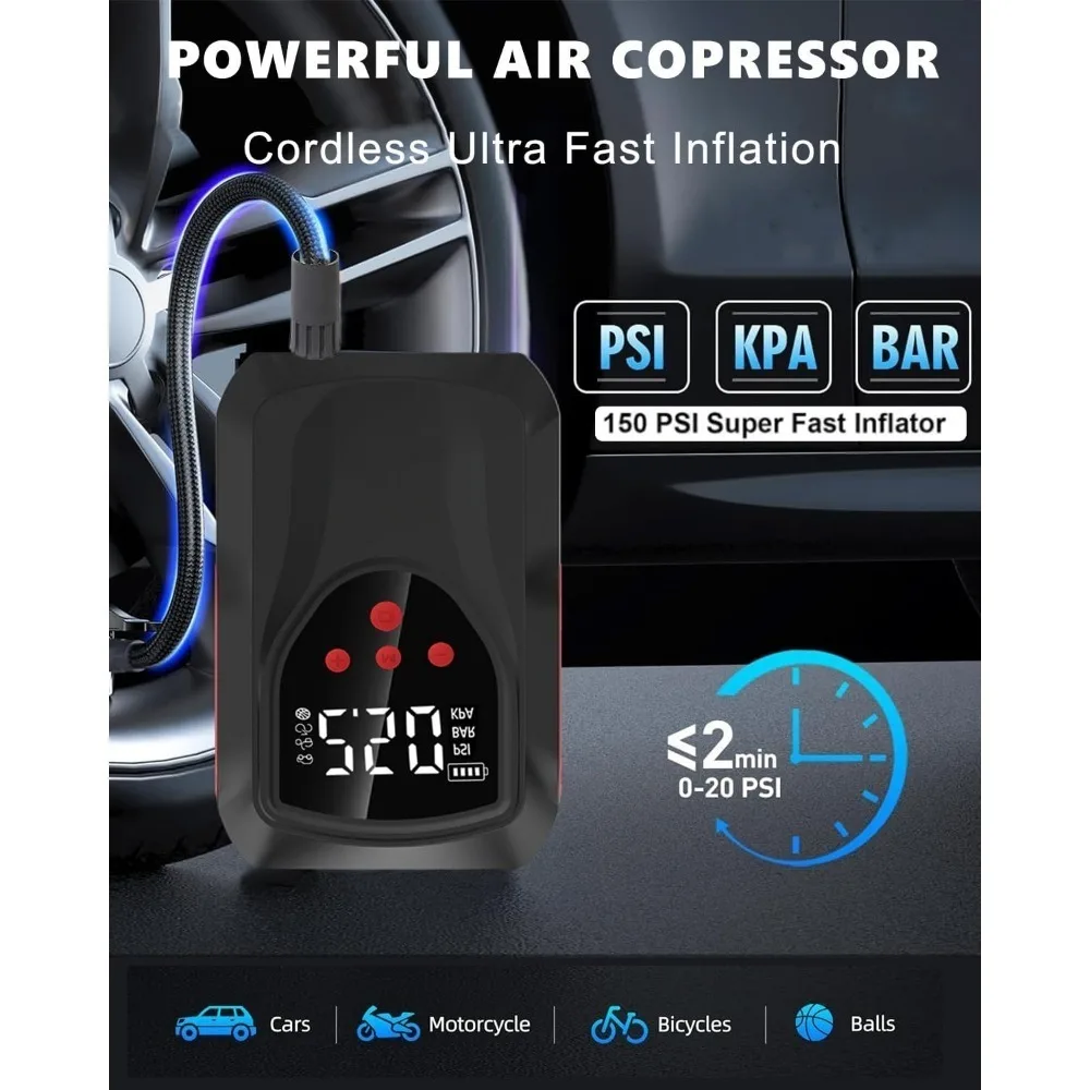 Avviatore di emergenza con compressore d'aria, avviamento di ponticello per batteria per auto portatile 3000A 150PSI 9.0L Gas/8L Diesel, caricabatteria 12V