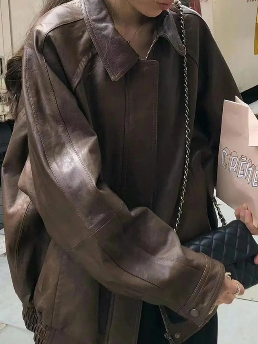 

Retro Loose Fit Women's Biker Jaet PU Leather Long Sve Turn-down Collar Versatile Slimming Outerwear Faionable Spring ...