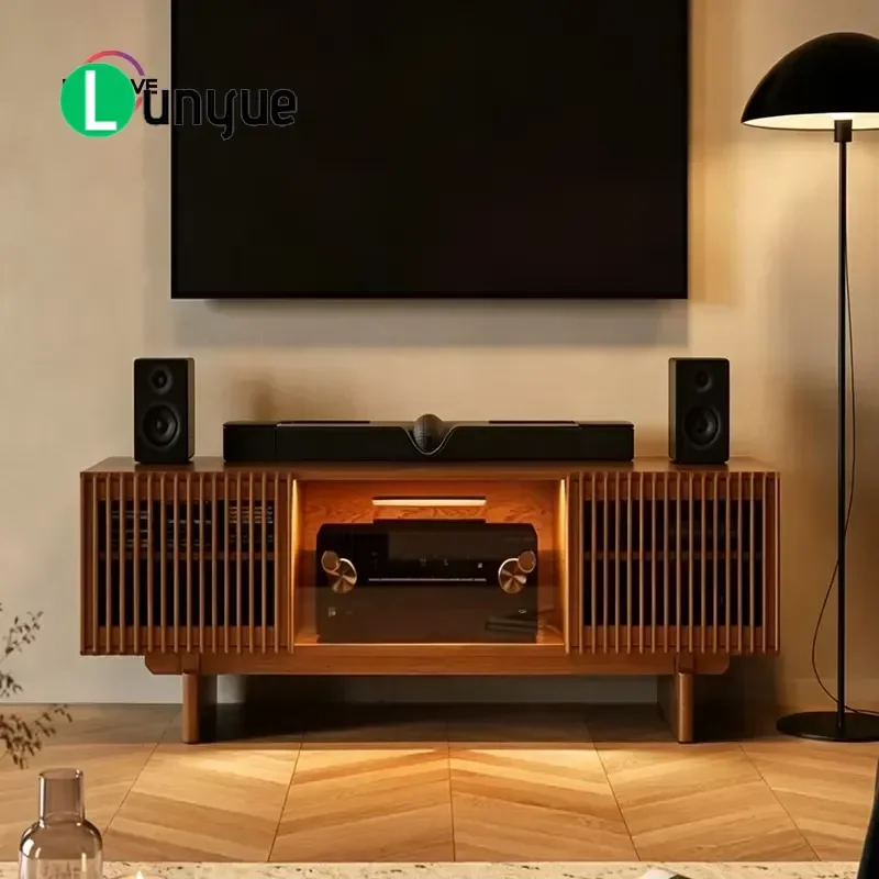 Modern Simple Solid Wood TV Cabinet Vertical Stripe Wall Mounted Floor Storage Locker for Living Room Home Furniture Durable