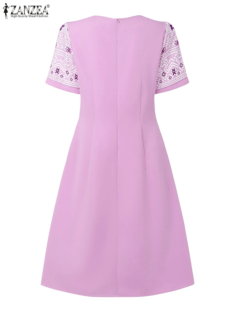 ZANZEA 여성 민족 기하학 프린트 패치워크 A라인 미디 드레스 우아한 O넥 반팔 허리 조임 웨딩 게스트 의류