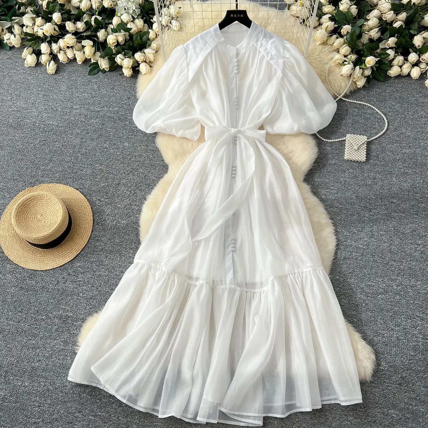 

American European Style New Fashion Women' S Solid Color Long Lantern Sleeve Single-breasted Dresses Suspender Undershirts Dress