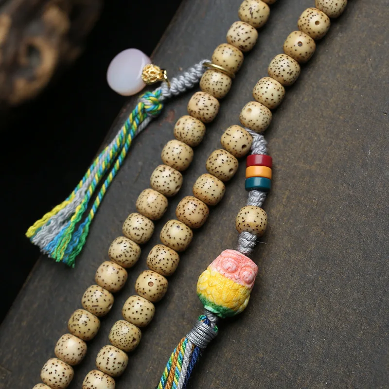 108 natural Bodhi beads, prayer beads, cultural toys, neck hanging,hand-painted nine purple fire Tang card pendant sweater chain