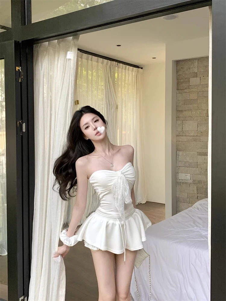 

Lace Knot Tube Top Vest Women Summer Sexy Set A-Line Skirt Two-Piece Set Faionable Casual Wear for Young Women