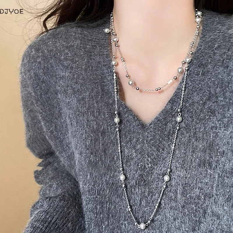 

Women's Korean Double Layer Pearl Imitation Choker with Pendant Tassel Front Chest Body Jewelry for a Sexy Look