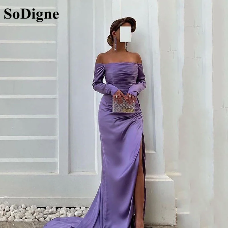 

SoDigne Lavender Purple Memraid Evening Dresses 2023 Off The Shoulder Long Sleeves Formal Prom Gowns Pleats Party Dress vestidos
